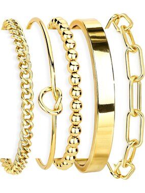 Trendy Gold Bracelet Set for Women - Waterproof, Non-Tarnish Chunky Cuff